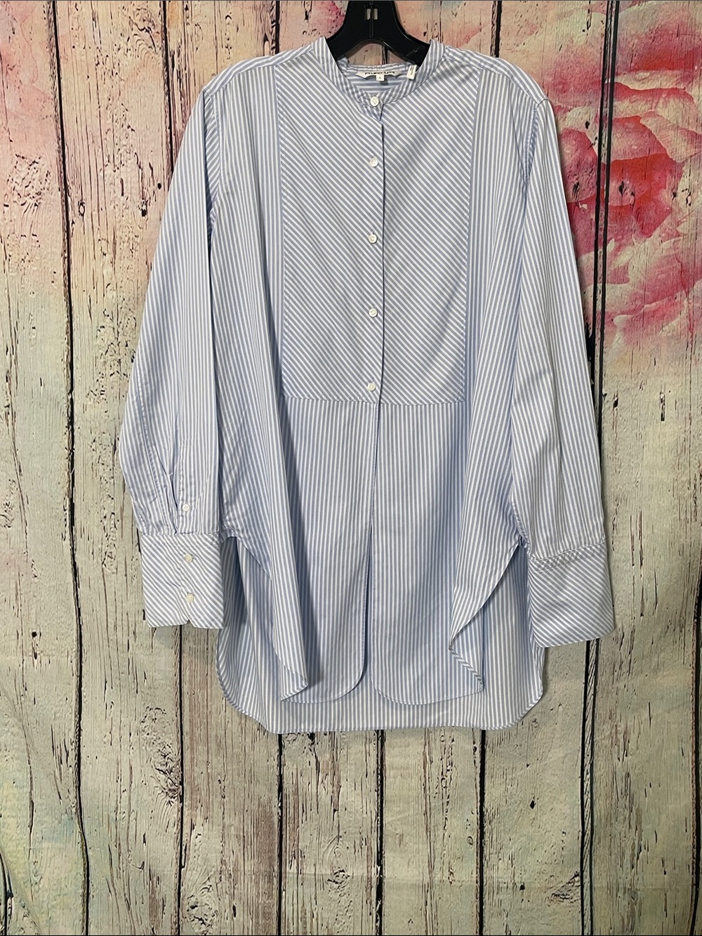 Helmut Lang Blue Striped Mandarin Collar Shirt L